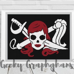 May include: A black and white pirate skull with crossed swords and a red hair and lips. The skull is surrounded by a white background.