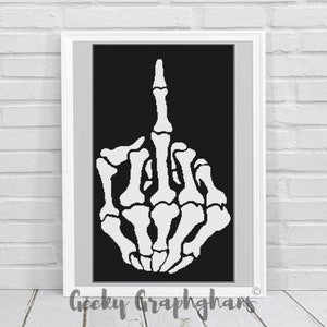 May include: A black and white pixel art image of a skeleton hand giving the middle finger.
