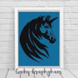 May include: Black and white silhouette of a unicorn head with a blue background. The unicorn's mane is flowing and the horn is pointed.