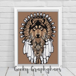 May include: A brown wolf with a white and gray headdress made of feathers. The wolf is looking directly at the viewer. The background is a brown color.