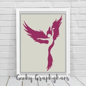May include: A digital download pattern for a crochet project featuring a silhouette of a dancer with wings. The dancer is in a pink colour against a beige background.