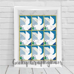 Puede incluir: Impresión enmarcada que presenta un patrón geométrico de palomas blancas con detalles en azul y amarillo. La obra de arte está sobre un fondo blanco e incluye el texto "Geeky Graphghans". El diseño es moderno y artístico.