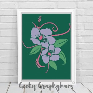 May include: A digital cross stitch pattern featuring two purple flowers with pink stems and green leaves on a dark green background. The pattern is titled "Geeky Graphghans".