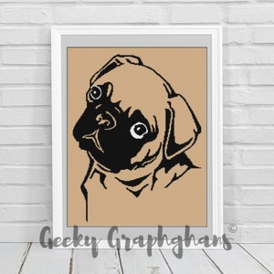 May include: A black and white illustration of a pug dog's head against a beige background. The image is framed in a white frame.