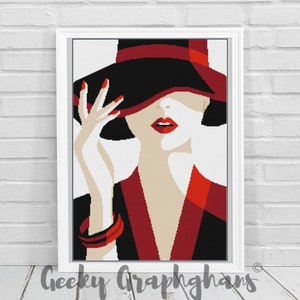 May include: A digital illustration of a woman wearing a black hat with a red brim. She is wearing a red and black dress and has red lipstick. The background is white.