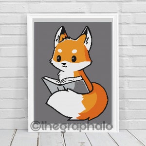 May include: A cute cartoon fox with orange fur and a white tail is sitting and reading a book. The fox has big eyes and a small nose. The book is gray and has a white cover.