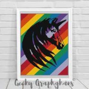 May include: A black silhouette of a unicorn head against a rainbow striped background. The unicorn's mane and horn are visible.