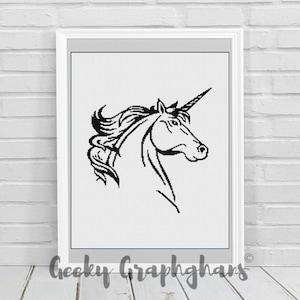 May include: Black and white line art illustration of a unicorn's head with a single horn.