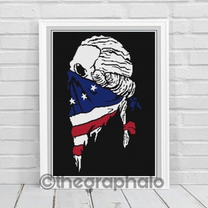 May include: Framed cross-stitch art featuring a skull with a white wig and a bandana in red, white, and blue. The bandana has stars and stripes. The background is black, and the frame is white. The text "@theographalo" is at the bottom.