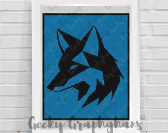 May include: A black and white wolf head silhouette on a blue square background. The image is framed in a white frame. The text "Geeky Graphghans" is at the bottom of the image.