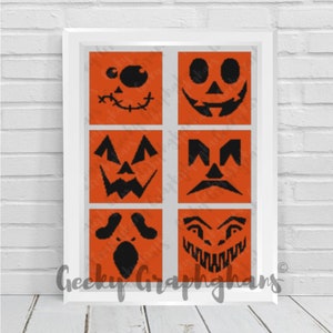 May include: A white frame with six orange squares, each containing a different black jack-o'-lantern face. The text "Geeky Graphghans" is at the bottom of the frame.