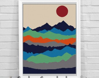 Motivo Graphghan all'uncinetto al tramonto in montagna