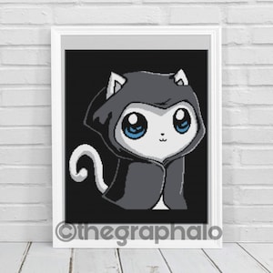 May include: A white cat wearing a gray hooded cloak with large blue eyes. The cat is on a black background.