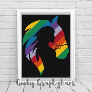 May include: A black and white silhouette of a horse's head with a rainbow mane and bridle. The horse's head is facing to the right. The background is black.
