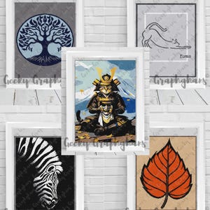 May include: Five framed art prints in white frames. The prints depict a tree of life, a cat, a zebra, a samurai cat, and an orange leaf. The prints are displayed against a white brick wall.