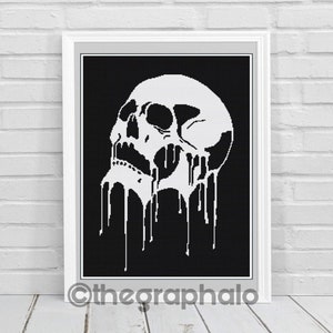 May include: A black and white illustration of a skull with dripping paint. The skull is facing to the right and has a detailed design. The background is black.