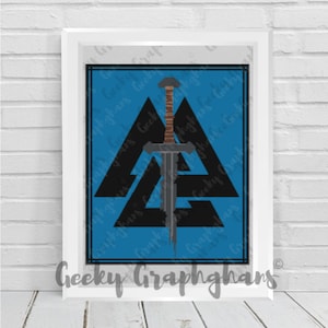 May include: A framed print with a blue background and a black and gray sword design. The sword is centered in the design and is surrounded by three black triangles. The text "Geeky Graphghars" is at the bottom of the print.