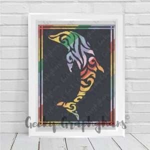 May include: A framed rainbow colored dolphin silhouette with a tribal design. The dolphin is outlined in black and the background is dark gray.