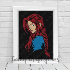 May include: A framed illustration of a woman with long red hair, wearing a blue shirt, against a black background.