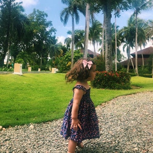 Puede incluir: Una ni&ntilde;a con un vestido azul marino con estampado floral rosa y sandalias marrones, de pie en un camino de grava. Un lazo rosa adorna su cabello. El fondo muestra hierba verde, palmeras y cielo azul. Ambiente soleado.