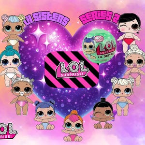 以下が含まれることがあります： 様々な髪型と衣装のLOLサプライズLil Sisters人形が複数写った画像。画像には「LiL Sisters」と「Series 2」の文字とLOLサプライズのロゴがあり、すべてハート型の背景に配置されています。