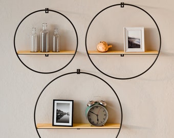 Set of 3 wall shelves, shelves for wall decoration, wooden shelves with metal frames in black, Ø 25, 30 & 35 cm