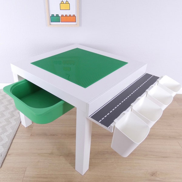 Table for Lego in different colors, game table with practical containers for little builders:inside