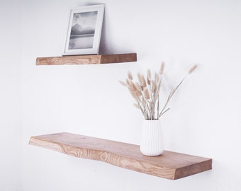 Oak wall shelf with wane, wooden wall board in various sizes, floating shelf made of solid wood including bracket