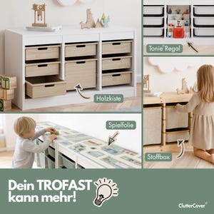 May include: A white storage unit with multiple wooden drawers and fabric bins. The unit features a top surface with a printed road map graphic. Text on the image includes Tonie Regal, Holzkiste, Spielfolie, Stoffbox, and Dein TROFAST kann mehr.