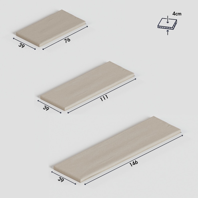 May include: Three rectangular wooden shelves of varying lengths. The shelves are 39 inches wide and 76, 111, and 146 inches long.