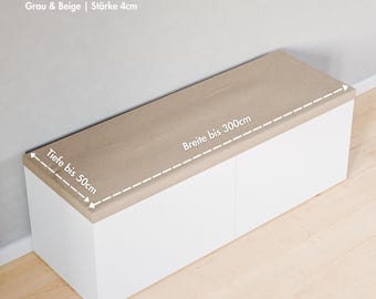 Custom-made seat cushion, 4 cm thick seat cushion in beige or grey, width up to 300 cm, depth up to 50 cm, washable cover