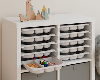 Ikea Kallax insert rail system with Trofast sorting boxes, boxes for storing toys, tools, Lego, sewing utensils