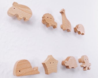 4x wall hooks wooden animals, coat hooks, wardrobe for children's rooms – safari or aquatic animals