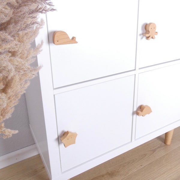 4x Möbelgriffe Tiere aus Holz, Safari- oder Wassertiere, Möbelknöpfe, Griffe perfekt passend für Ikea Möbel wie z. B. Kallax und Hemnes