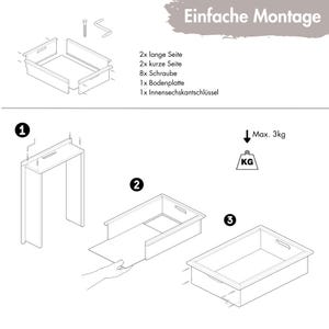 May include: An instructional diagram for assembling a drawer, featuring labeled components and steps. The image includes a weight limit of 3 kg. The text "Einfache Montage" is visible at the top.