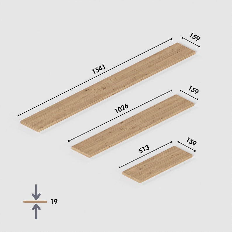 May include: Three wooden boards of varying lengths, with measurements in inches. The largest board is 1541 inches long and 159 inches wide. The middle board is 1026 inches long and 159 inches wide. The smallest board is 513 inches long and 159 inches wide. The boards are all made of the same type of wood and have a natural, rustic finish.