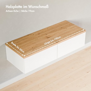 Könnte beinhalten: Ein weißes Hängeregal mit zwei Schubladen und einer Oberseite aus hellem Holz. Das Regal ist mit Maßen in Zentimetern beschriftet: "Breite bis 60 cm" und "Länge bis 190 cm".