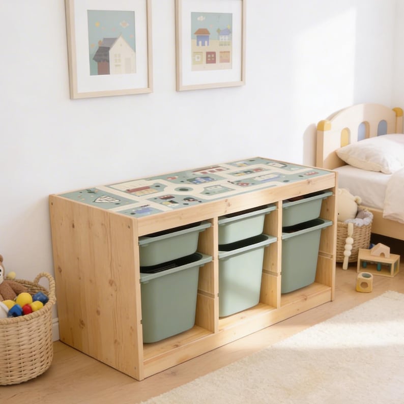 May include: A light-colored wooden storage unit featuring three vertical sections, each containing two sage green plastic bins. The top surface of the unit displays a printed graphic of a town map with roads, buildings, and vehicles in muted tones.