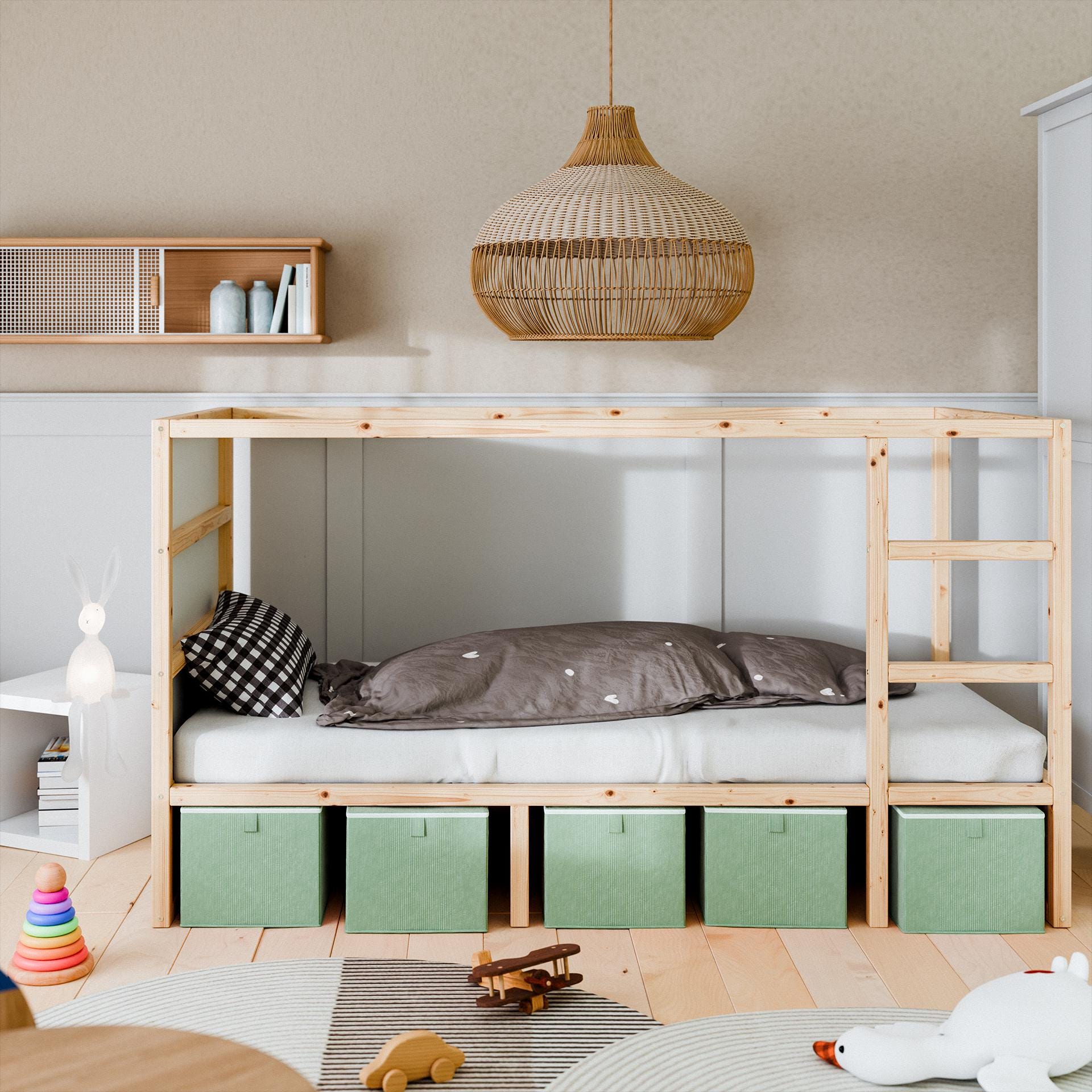 Box für IKEA Kura Bett, Unterbett Aufbewahrungsbox aus Cord Stoff, 90 x 32 x 27cm – Unterbettkommode, Kiste in Beige, Rosa oder Grün