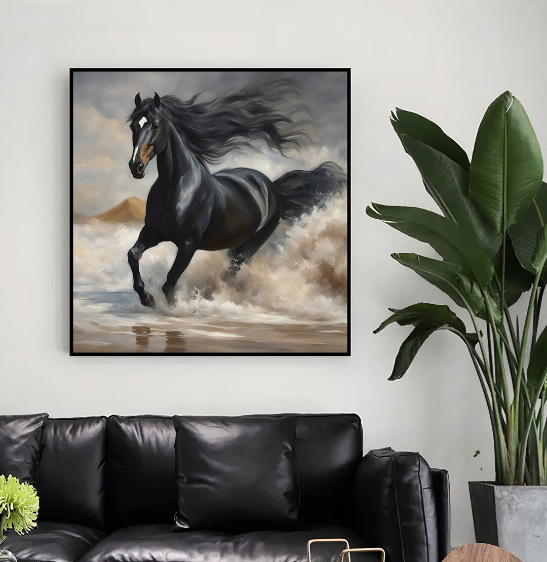 Printable Black Horse Oil Painting Effect Wall Art Print Etsy