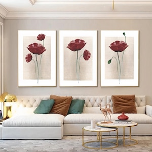 Printable Red Poppy Flowers Set of 3 Wall Art Print, Tulips Print Art, Wall Decor Prints, Digital Download Art