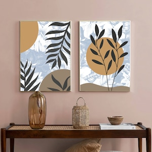 Bohemian Leaf Print Set: Blue Brown Abstract Wall Art (Digital Download)