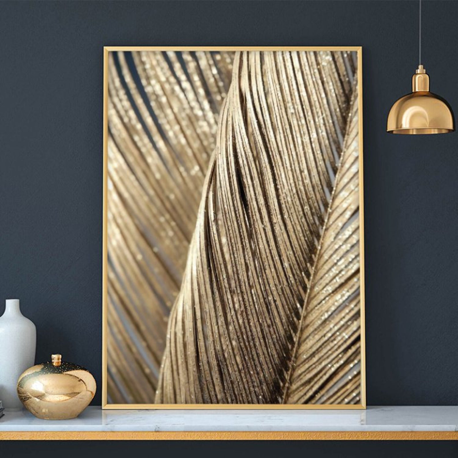 Printable Golden Feather Wall Art Print, Gold Print Art, Wall Decor