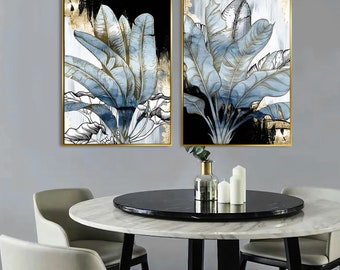Blue & Gold Leaf Print Set: Abstract Wall Art (Digital Download)