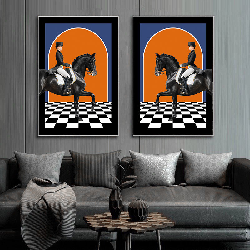 Blue Orange Horse Riding Art Print Set: Abstract Equestrian Wall Decor (Digital Download)