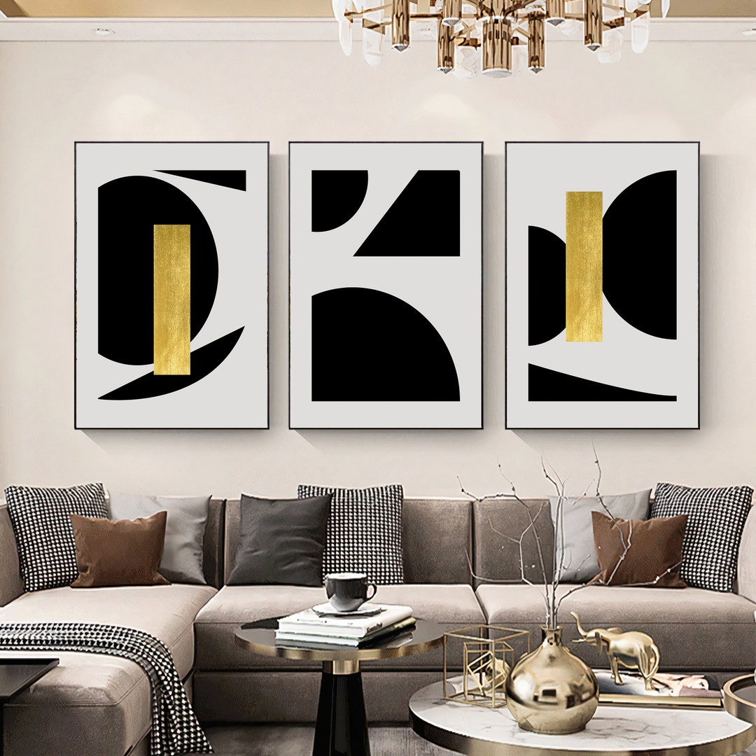Printable Gray Black Gold Geometric Set of 3 Wall Art Print, Bohemian ...
