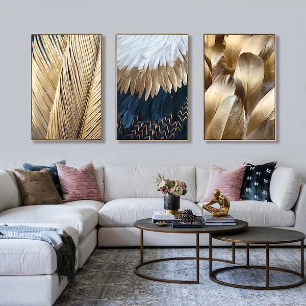 Printable Golden Blue Wings Feather Set of 3 Wall Art Print, Abstract Gold Print Art, Wall Decor Prints, Digital Download Art Bella Canvas