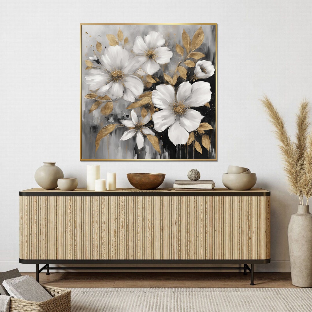Printable White Flowers and Gold Leaves Wall Art Print, Print Art, Living Room Wall Decor Prints