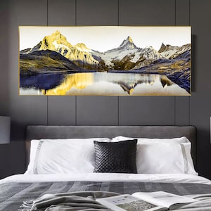 Abstract Mountain Art Wall Art Print, Blue and Gold Print Art, Wall Decor Prints, Digital Download Art