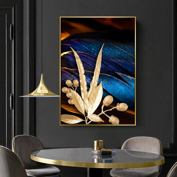 Printable Golden Leaves Wall Art Print Abstract Blue Print - Etsy